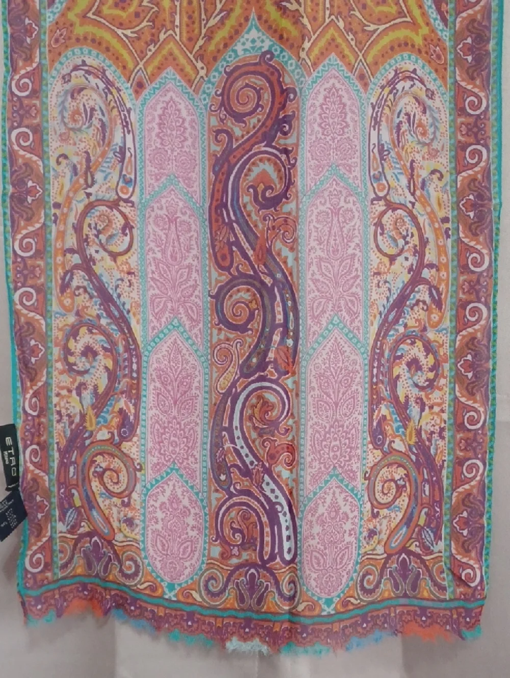 Etro Silk Ornate Paisley Scarf Shawl Wrap Fringe Italy Boho Luxe 50×15 Inches